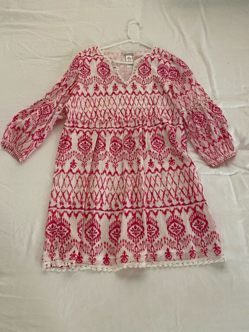 Tommy Bahama, Size S, White Dress with Pink Ikat Print, breezy beachy